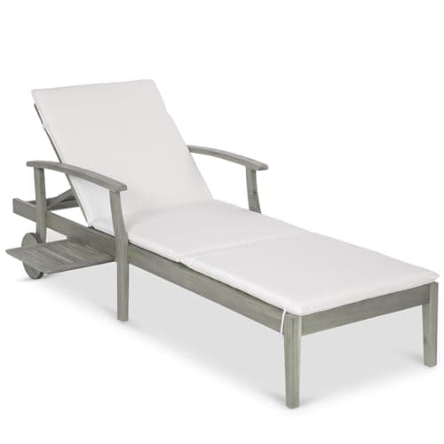 Best Choice Products 79x26in Acacia Wood Chaise Lounge Chair Recliner, Outdoor Furniture for Patio, Poolside w/Slide-Out Side Table, Foam-Padded Cushion, Adjustable Backrest, Wheels - Gray/Cream view 1