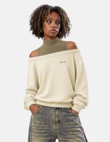 Aelfric Eden Womens Boxy Off The Shoulder Mock Neck Sweatshirt | Minimalist Workwear Style,Subtle Contrast Design,Sophisticated Casual,Relaxed Chic Fit,Versatile Everyday Wear,Soft Comfort view 2