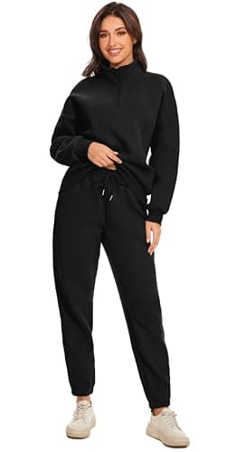 Jeqeocafy Women Oversized Long Sleeve Sweatsuit Half Zip Sweatshirt & High Waisted Pants 2 Piece Outfits With Pockets view 3