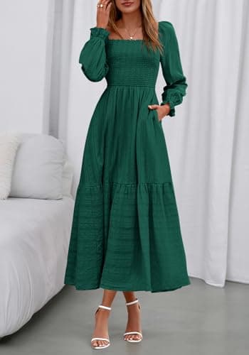 BTFBM Women Maxi Spring Dresses 2026 Long Sleeve Solid Color Square Neck Smocked Boho Long Wedding Guest Dress view 6