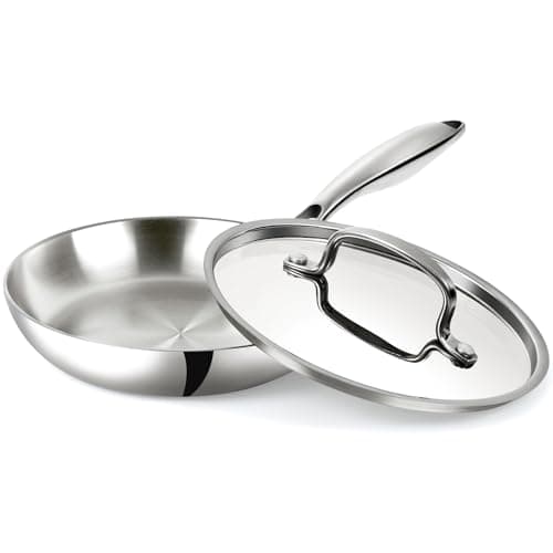 USELUCK Stainless Steel 8 Inch Frying Pan, Tri-ply Clad Base Non-toxic Skillets with Stainless Steel Lid, Fast and Even Heating Stay Cool Handles Induction Dishwasher & Oven Safe PFOA Free Cookware