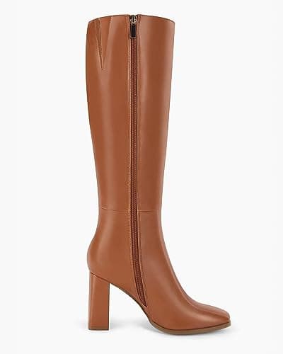 Coutgo Womens Wide Calf Knee High Boots Chunky High Heel Square Toe Fashion Leather Shoes with Side Zipper view 6