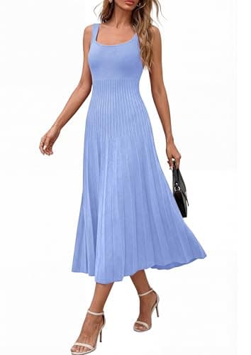PRETTYGARDEN Spring Dresses for Women 2026 Summer Casual Sleeveless Square Neck A Line Knit Pleated Midi Cocktail Party Dress view 3