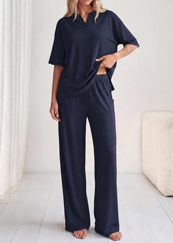 KIRUNDO Womens 2 Piece Matching Lounge Set Airport Travel Vacation Summer Outfits Oversized Short Sleeve Tops Wide Leg Pants view 4