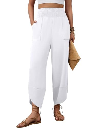 grewley Womens Linen Pants Wide Leg Palazzo Capri Barrel Harem Pants Casual High Waisted Trousers with Pockets Beach — image 1