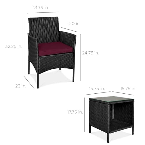 Best Choice Products 3-Piece Outdoor Wicker Conversation Bistro Set, Space Saving Patio Furniture for Garden w/Side Table - Black/Deep Burgundy view 2