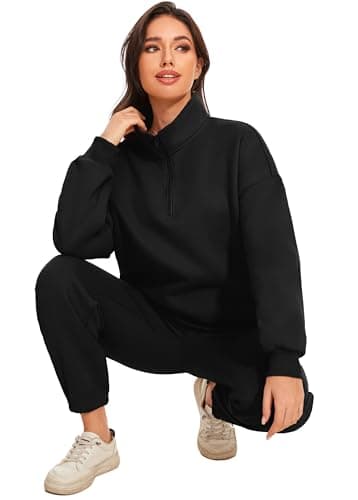Jeqeocafy Women Oversized Long Sleeve Sweatsuit Half Zip Sweatshirt & High Waisted Pants 2 Piece Outfits With Pockets view 5