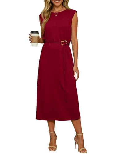 Wenrine Womens Sleeveless Midi Dress Summer Work Office Back Slit Elegant Flowy Tank Casual Vacation Dresses — image 1