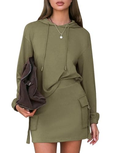 EXLURA Women Two Piece Set Cotton Sweatsuit Travel Airport Outfits 2026 Tracksuit Hooded Sweatshirt Cargo Skort Skirt Pockets view 1