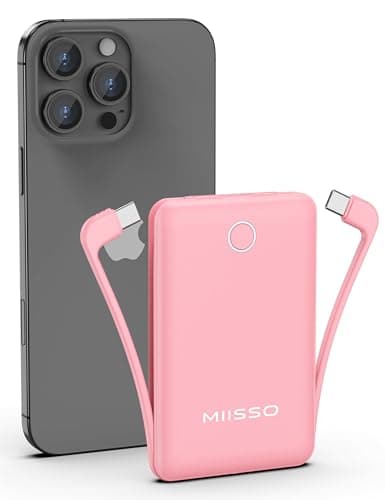 miisso 10000mAh Compatible with iPhone 15/16/17 and Android, Slim Portable Charger with Built in Cable, Power Bank Travel Charger External Battery Pack for Phone, 3 Output USB Type C Cord, Pink