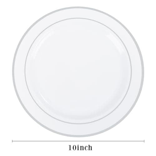 PULOTE 100PCS Silver Plastic Plates - 10 Inch Heavy Duty White with Silver Trim Plastic Dinner Plates Disposable for Dinenr, Party, Wedding & Christmas view 3
