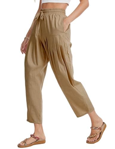 DAOAO Cotton Linen Barrel Pants Women Wide Leg Hippie Boho Casual Loose Harem Pants Pleated Pull On Elastic Waist view 2