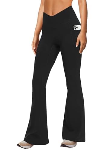 DLOODA Women's Yoga Pants with Pockets No Front Seam Crossover High Waisted Flare Leggings Tummy Control Bootcut Pants — image 1