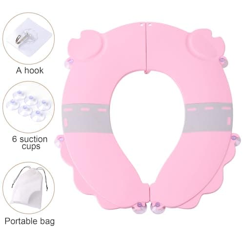 Portable Potty Training Seat，Upgraded Non-Slip-Anti pinch buttocks, One-handed Removal Folding Travel Potty Seat for Toddlers & Kids, 6 suction cups firmly adhere, Fits All Shape Toilets(Pink) view 3