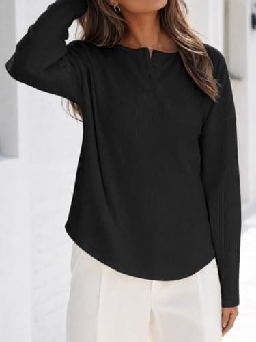 Fisoew Womens Long Sleeve Henley Shirts Ribbed Knit Button Tunic Tee Tops view 3