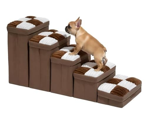 FUNNYFUZZY Dog Stairs for Small Dogs - 5 Steps Chessboard Plaid Handcrafted Dog Stairs with Storage - Multifunctional and Foldable, Brown — image 1