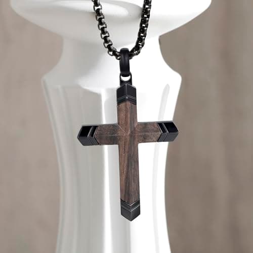 GTMJ Cross Necklace for Men -Stainless Steel & Wood Adjustable Box Chain 24-26in, Spiritual Jewelry Gift for Him, Everyday Wear view 3