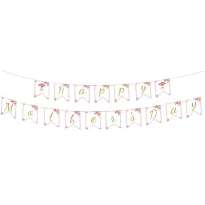 Happy Mother's Day Banner with Floral Design, Gold Glitter Letters, Party Decorations for Home, Porch, Office, Indoor Outdoor Wall Decor (Banner)