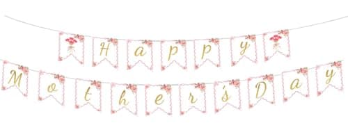 Happy Mother's Day Banner with Floral Design, Gold Glitter Letters, Party Decorations for Home, Porch, Office, Indoor Outdoor Wall Decor (Banner) — image 1