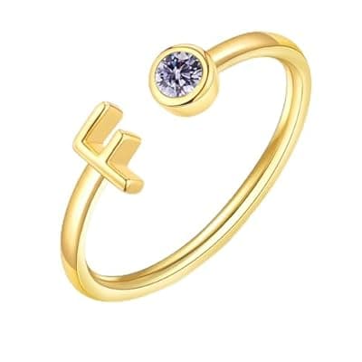 ZNBOH Gold Birthstone Initial Rings for Women Non Tarnish Dainty 14K Gold Plated Adjustable Letter Ring for Women Stackable Cute Thumb Pinky Fashion Unique Open Simple Birthday Gifts Jewelry