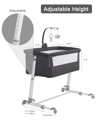 Yacul Baby Bassinet, Bedside Crib Sleeper with Wheels and Music Box, Breathable Mesh Height Adjustable Baby Bedside Sleeper, Portable, Dark Gray view 2