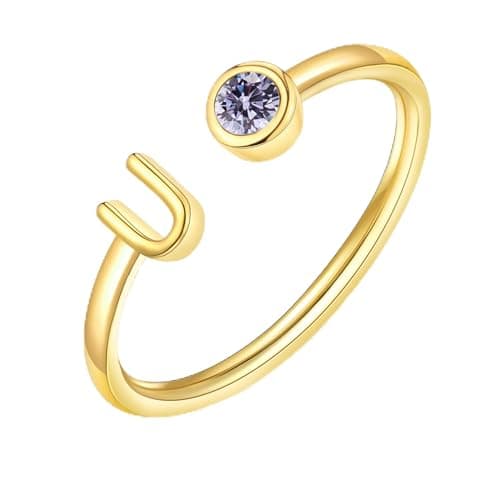 ZNBOH Gold Birthstone Initial Rings for Women Non Tarnish Dainty 14K Gold Plated Adjustable Letter Ring for Women Stackable Cute Thumb Pinky Fashion Unique Open Simple Birthday Gifts Jewelry — image 1