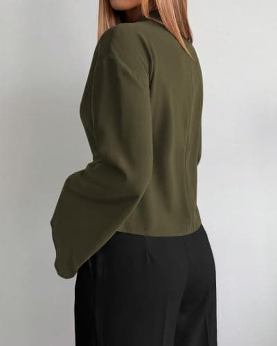 BTFBM Women Business Casual Blouses Bell Long Sleeve Tie Waist Top view 3