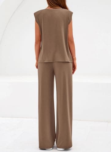 BTFBM 2 Piece Sets for Women Spring 2026 Casual Shoulder Pad Tank Top Wide Leg Pants Matching Set Travel Airport Outfits view 3