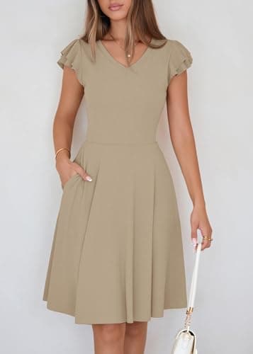 Lazysmile Summer Dresses for Women Ruffle Short Sleeve V Neck A Line Swing Ribbed Knit Casual Mini Short Dress view 3