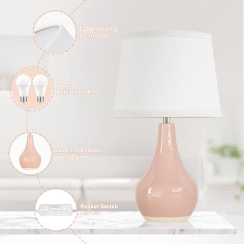 Seealle Modern Pink Table Lamps Set of 2 - Bedroom Lamps for Nightstand,19.4" Bedside Pink Lamp for Girls Room Living Room with Rocker Swtich view 6