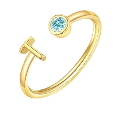 ZNBOH Gold Birthstone Initial Rings for Women Non Tarnish Dainty 14K Gold Plated Adjustable Letter Ring for Women Stackable Cute Thumb Pinky Fashion Unique Open Simple Birthday Gifts Jewelry