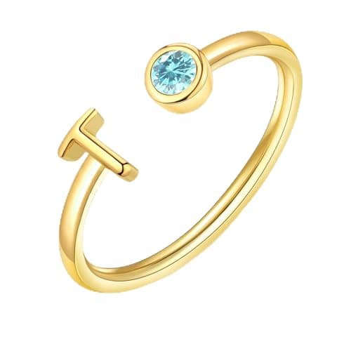 ZNBOH Gold Birthstone Initial Rings for Women Non Tarnish Dainty 14K Gold Plated Adjustable Letter Ring for Women Stackable Cute Thumb Pinky Fashion Unique Open Simple Birthday Gifts Jewelry — image 1