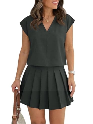 Wenrine Womens 2 Piece Skirt Sets Summer Casual V Neck Crop Tops Pleated Mini Skort Skirts Vacation Outfits Matching Sets — image 1