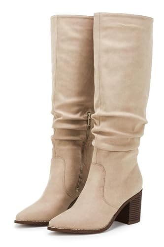 Huiyuzhi Womens Pointed Toe Mid Chunky Heel Side Zipper Knee High Boots Tall Booties view 5