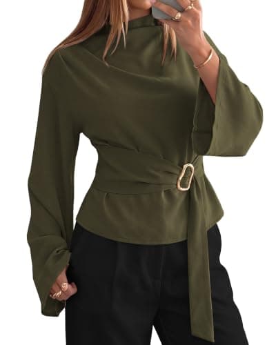 BTFBM Women Business Casual Blouses Bell Long Sleeve Tie Waist Top — image 1