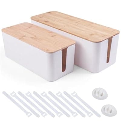 2 Pack Cable Management Box - Cord Organizer Box with Wooden Lid for TV Wires, Power Strips, Router, USB Hub & Under Desk Power: Baby & Pet Proof Cord Management, Cord Hider for Home & Office (White)