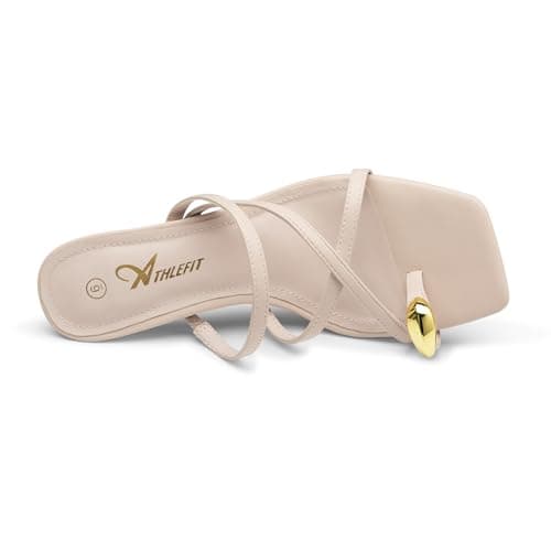 Athlefit Women's Square Open Toe Kitten Heels Strappy Flip Flop Low Heels Slip On Thong Heeled Sandals view 5