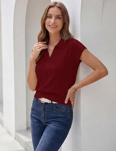 LaGracia Womens Cropped Short Sleeve Sweaters Business Casual Collared Polo Sweaters Lightweight Wool Blend Crop Tops view 5