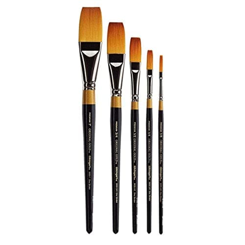KINGART Premium 5 pc. Original Gold 9100 Series ONE Stroke Artist Brush Set, Synthetic Golden Taklon Hair for Acrylic, Oil, and Gouache Paint, Short Handle, 5 Sizes: 1/8", 1/4", 1/2", 3/4", 1"