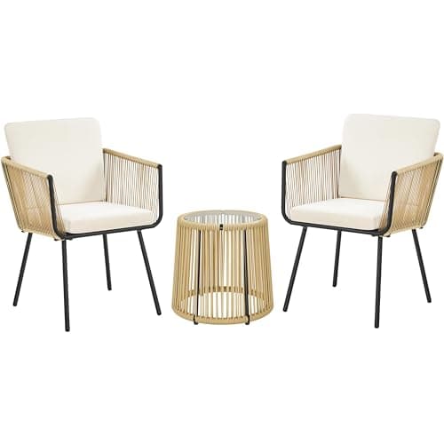 Yaheetech 3 Piece Patio Rattan Bistro Set, Outdoor All Weather PE Wicker Conversation Furniture Set with 2 Chairs & Tempered Glass Top Table & Cushions, for Poolside/Porch/Garden/Yard, Tan/Cream