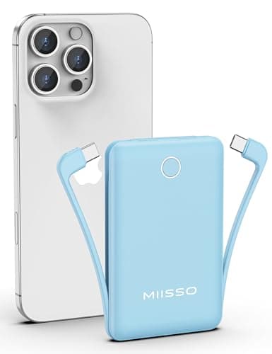 10000mAh Compatible with iPhone 15/16/17 and Android, Slim Portable Charger with Built in Cable, Power Bank Travel Charger External Battery Pack for Phone, 3 Output USB Type C Cord, Blue