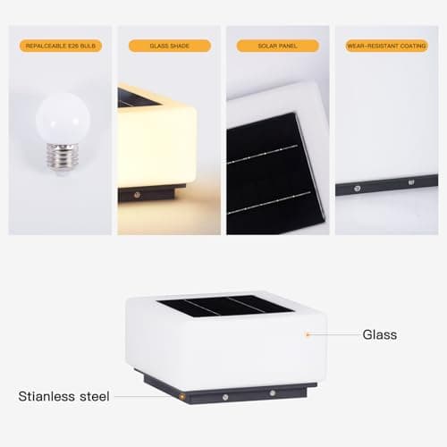 MVBT 9.8" Glass Solar Post Lights IP54 Waterproof Pillar Light Outdoor | 3000K Column Lights, LED E26 Bulb Modern Column Lamp Outside, Dusk to Dawn Pillar Lighting for Patio Garden Yard Gate Deck view 4
