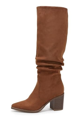 Huiyuzhi Womens Pointed Toe Mid Chunky Heel Side Zipper Knee High Boots Tall Booties view 4