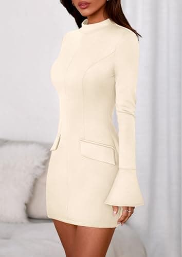 PRETTYGARDEN Womens Short Formal Dresses Fall Long Sleeve Mock Neck Elegant Cocktail Party Club Bodycon Mini Dress view 3