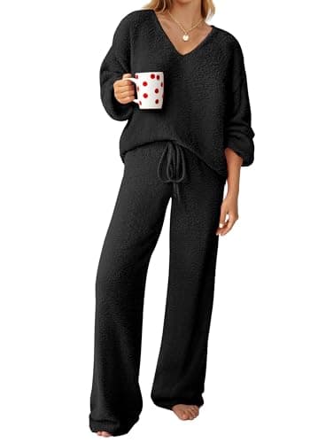GKBK Womens Two Piece Outfits Knit Sweater Sets Fuzzy Fleece Long Sleeve Top Wide Leg Pants Loungewear Matching Lounge Set 2026 Fall Winter Fashion Clothes Black S
