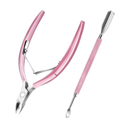 Cuticle Trimmer with Cuticle Pusher and Scissors, Cuticle Remover Professional Durable Pedicure Manicure Tools, Stainless Steel Cuticle Nipper Cutter Clipper (Pink Pusher)