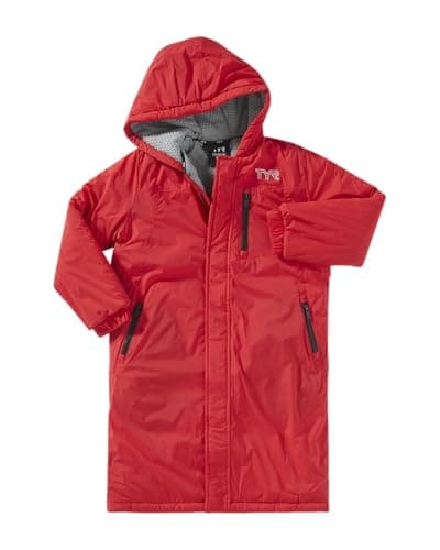 TYR Hydrosphere Tech Youth Swim Parka - Highly Wind and Water-Resistant Swimming Cover Up for Girls, Boys - Warm Fleece Lining, Multiple Pockets for Training and Competition - Small, Red