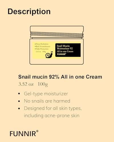 FUNNIR Snail Mucin Moisturizer 92%, Lightweight Moisturing Cream, 100g, Youthful and Radiant Formula, Repair Face Cream for All Skin Types, Skincare Products view 2