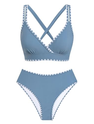 ZAFUL Womens High Waisted Bikini Sets Floral Print Whip Stitch 2 Piece Swimsuits V-Neck Crisscross Tie Back Bathing Suit view 6