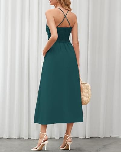 BTFBM Women 2026 Spaghetti Strap Midi Summer Dresses Sleeveless V Neck Cutout Slit Casual Beach Party Maxi Dress Pockets view 5